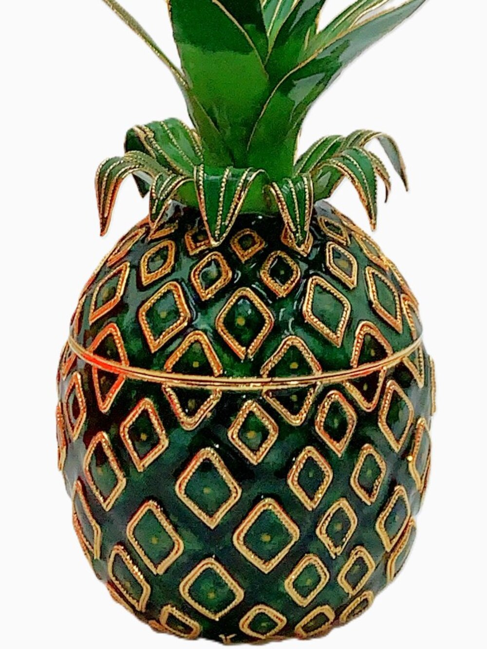 Large 7" PINEAPPLE Cloisonne Enamel Candy Trinket Box Jar Original Box Vintage - Picture 3 of 11
